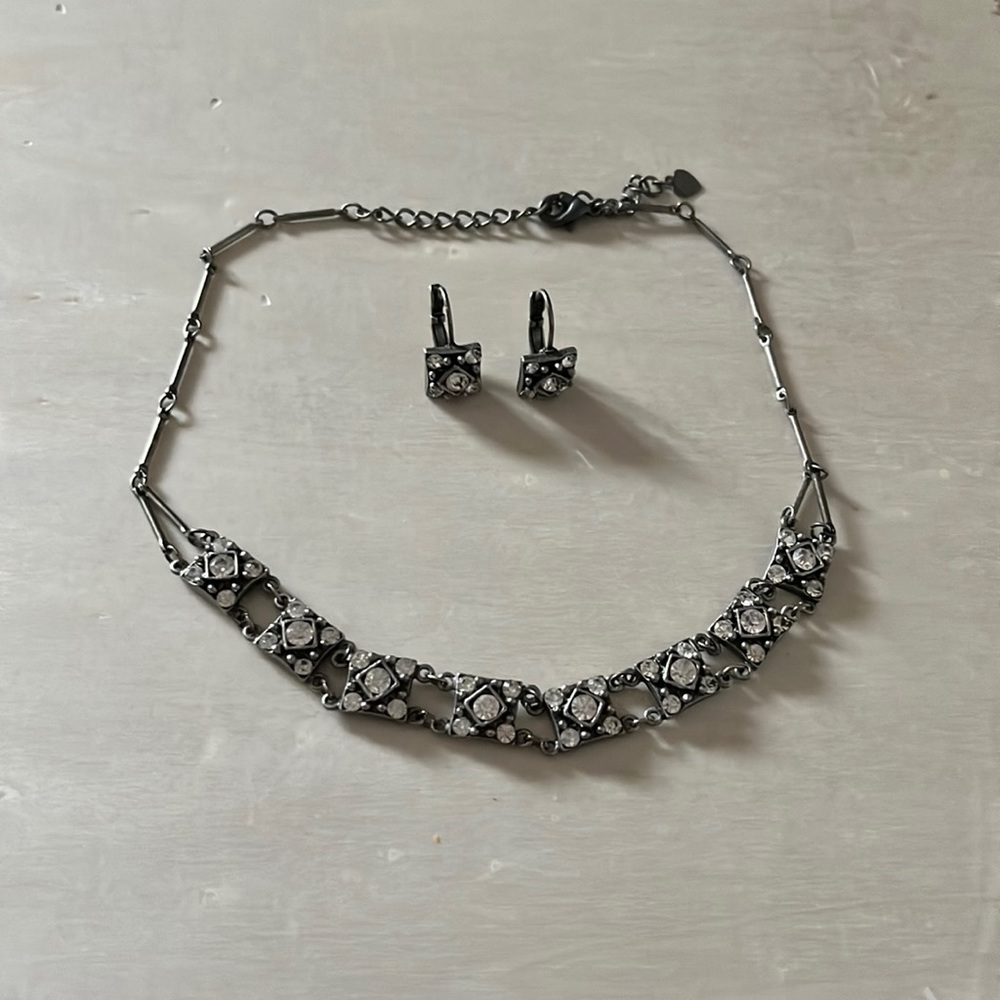 Vintage Dark Grey Silver + White Jewels Matching Earrings and Necklace Set